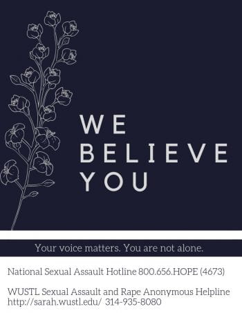Poster for survivors of gender and sexual violence. States "We Believe You" and has the numbers for the National Sexual Assault hotline and WashU's hotline, SARAH. 